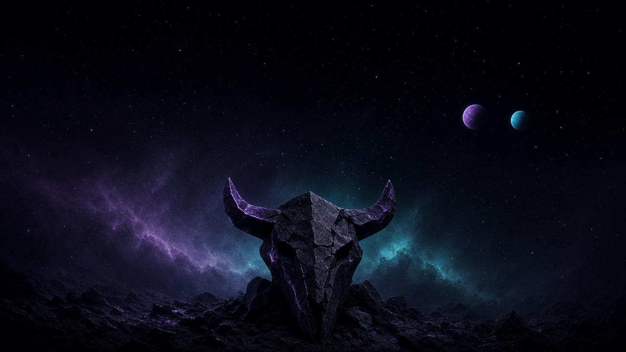 Abstract stone bull skull on a rocky plain beneath a star field and two distant planets