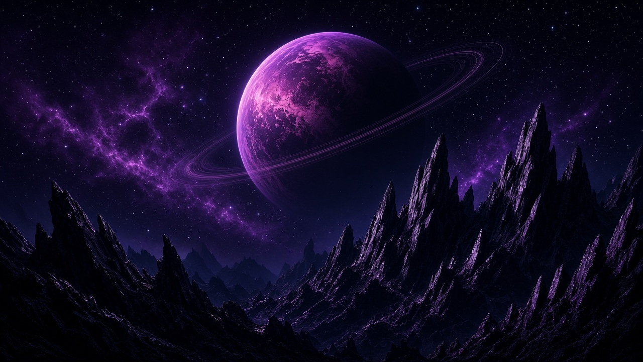 Violet ringed planet above dark crystalline peaks