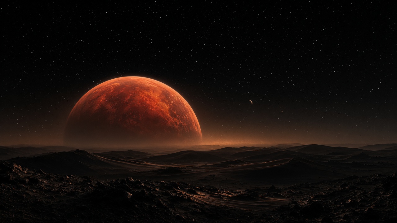 Dark desert under a large rust-orange planet