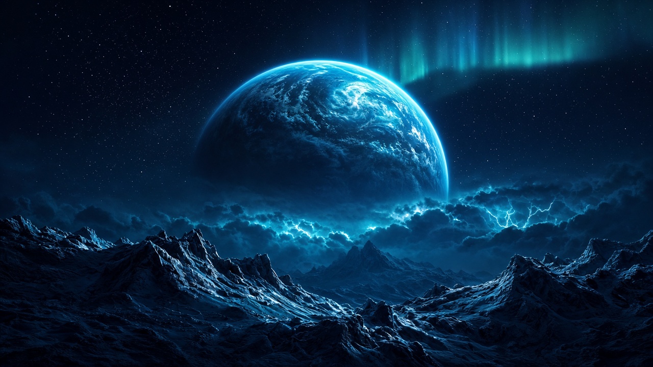 Electric-blue planet and aurora over an icy mountain ridge